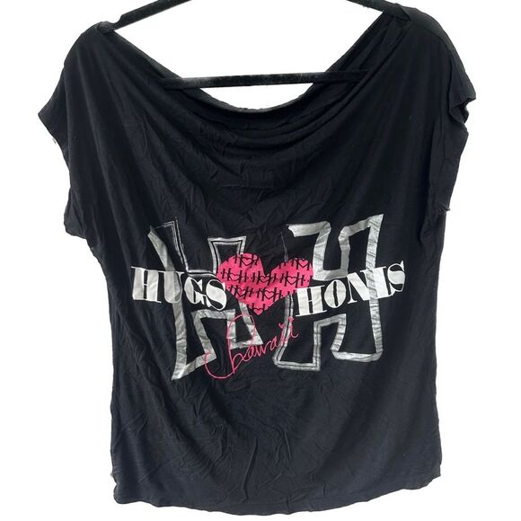 HUGS & HONIS Hawaiian Designer Signature Graphic Cowl Neck Stretchy Blouse Top L - Picture 1 of 5